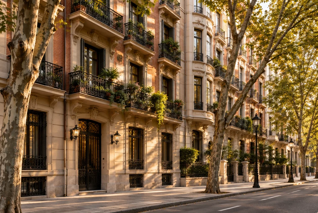 Fachadas clásicas con balcones de hierro en una calle arbolada de Madrid