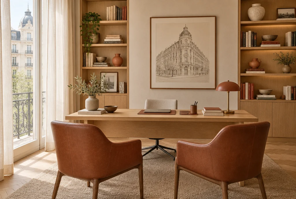 Despacho luminoso con mesa de madera y dos butacas de cuero